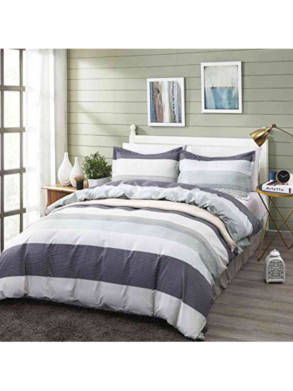 Gray & Mint Green Striped King Duvet Cover Set - 3pc